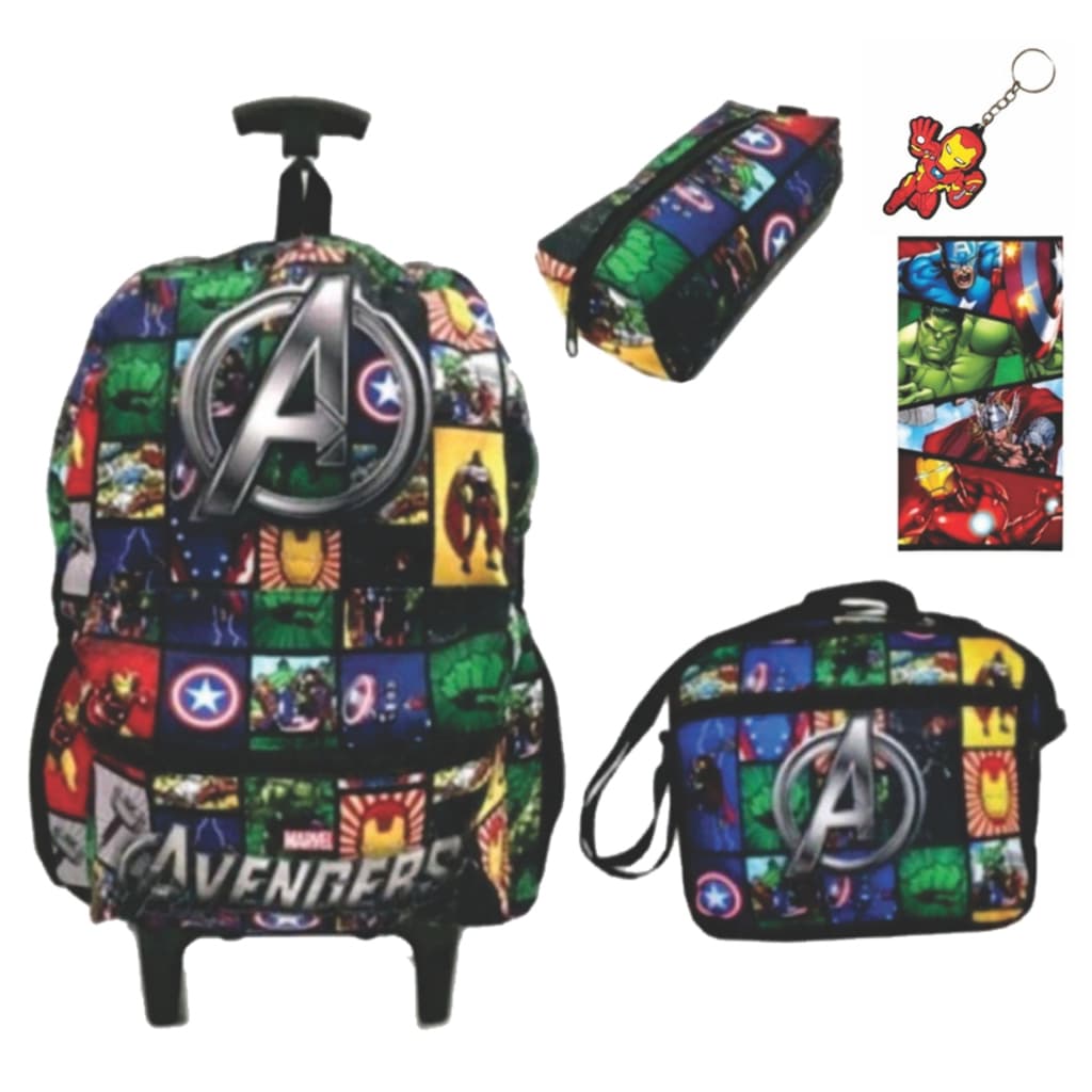 Kit Mochila Vingadores Advangers Escolar Rodinha Lancheira e Estojo + Chaveiro e Toalha