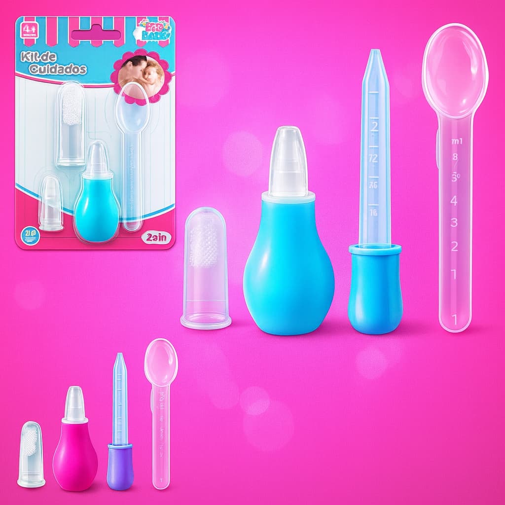 Kit De Cuidados Bebê 4 Peças  Infantil Primeira Infancia Colher dosadora Aspirador Nasal Escova dedo