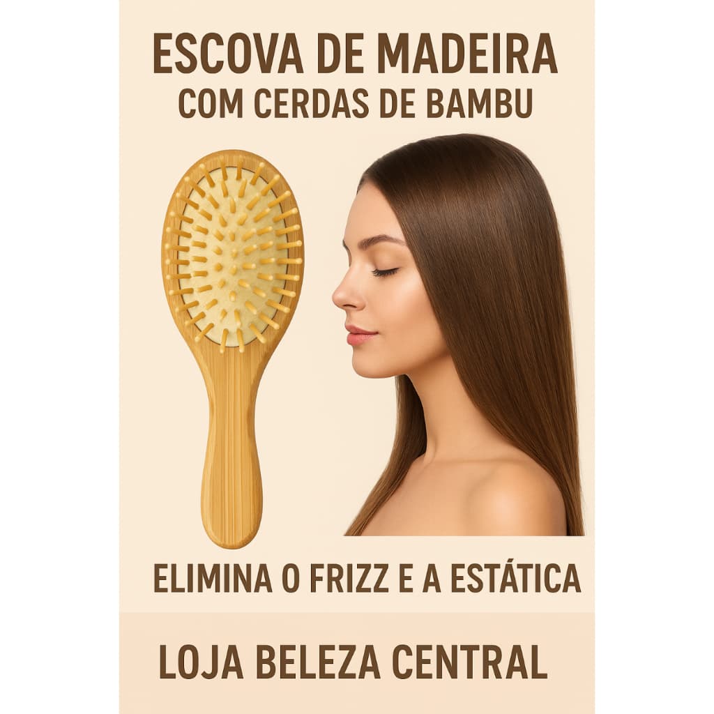 Escova Almofadada de Madeira com Cerdas de Bambu – Natural, Massageadora e Antiestática