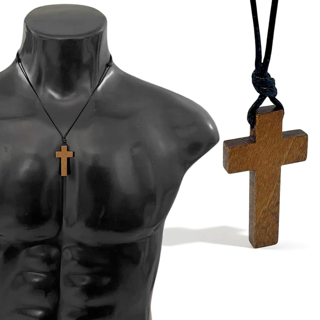 Colar Pingente Cruz Madeira Coroinha Crucifixo Cordão Fio Encerado Católico Proteção Fé Marrom