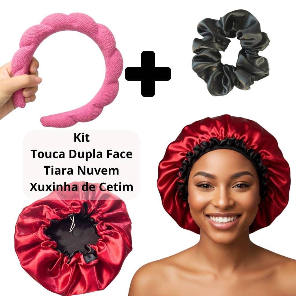 Touca de Cetim Dupla Face + Scrunchie + Tiara Nuvem | Kit Cores Sortidas