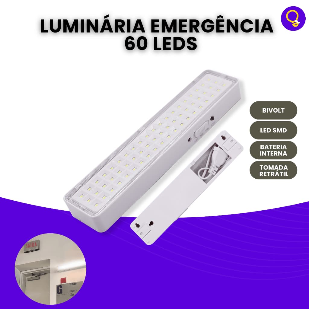 Luminária de Emergência Lâmpada Bateria Recarregável 60 leds Luz Branco Frio Bivolt 110v 220v