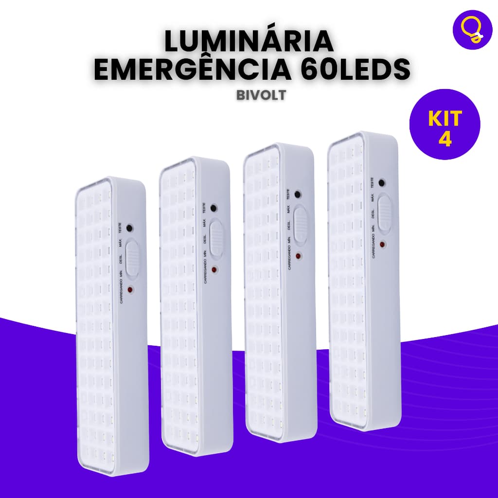 Kit 4 Luminária de Emergência Lâmpada Bateria Recarregável 60 leds Luz Branco Frio Bivolt 110v 220v