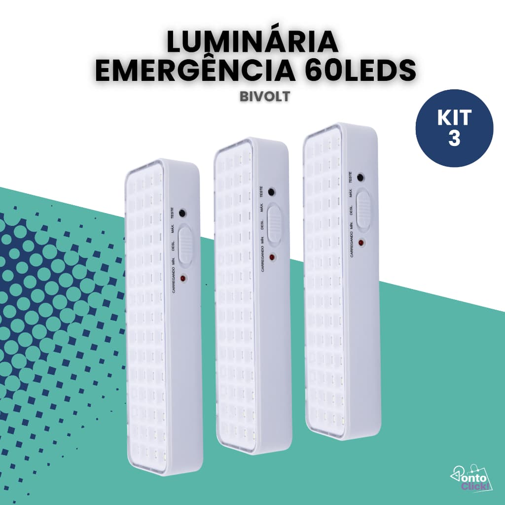 Kit 3 Luminária de Emergência Lâmpada Bateria Recarregável 60 leds Luz Branco Frio 110v 220v Bivolt