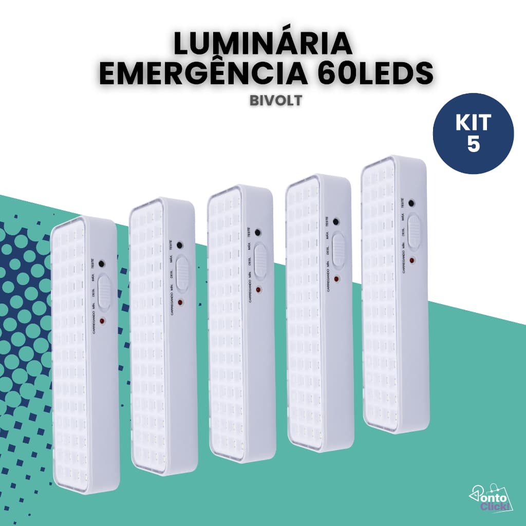 Kit 5 Luminária de Emergência Lâmpada Bateria Recarregável 60 leds Luz Branco Frio 110v 220v Bivolt
