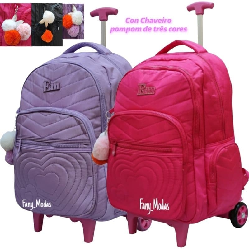 Mochila de Rodinha Femenina Infantil Juvenil Reforçada  com Chaveiro Impermeável Espaçosa