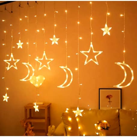 Estrelas e Luas Cascata Pisca Cortina Luz RGB Amarela Decoração Natal Cortina Led Sacada 8 Funções