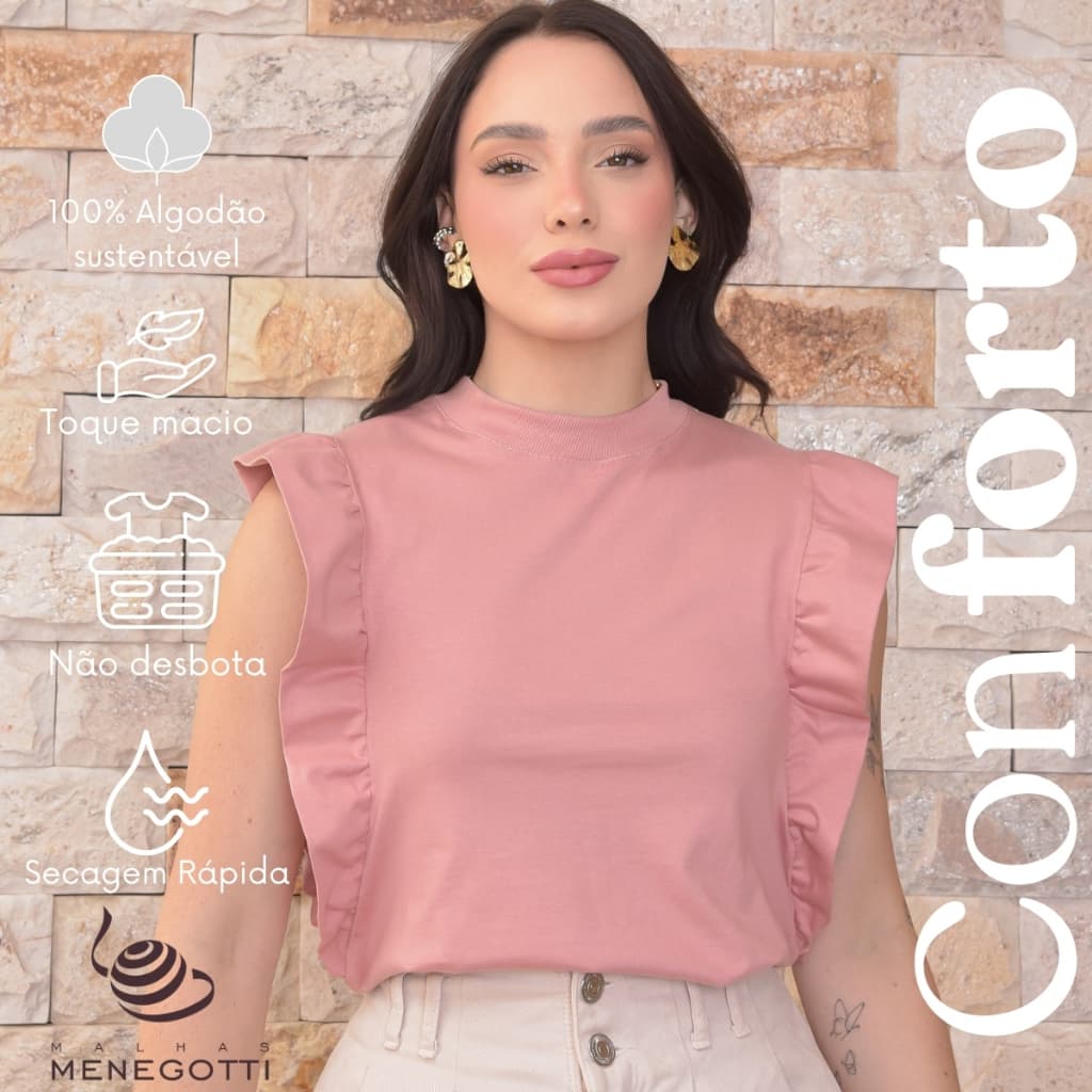 Camisa Muscle tee com manga cavada babado laterais gola alta elegante 100% algodão fresquinha verão