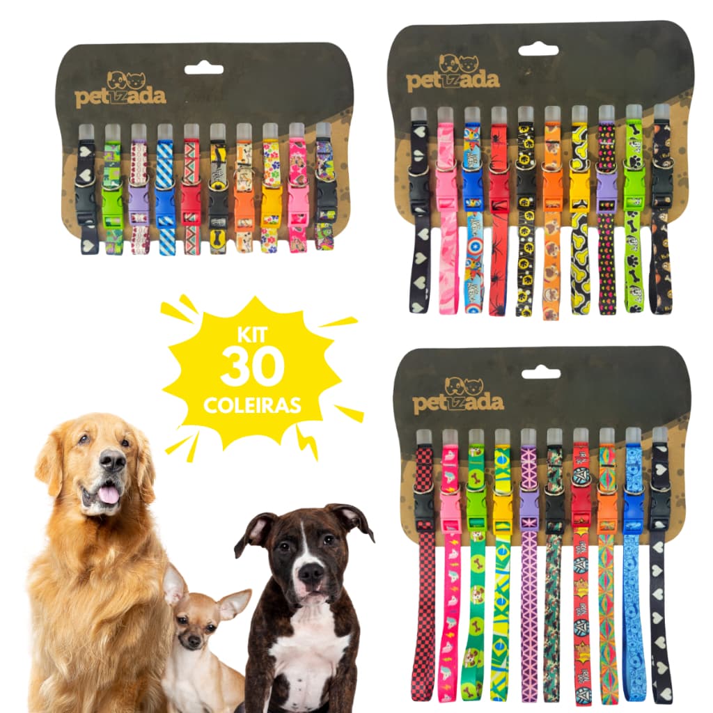 Kit 30 Coleiras Pet Ajustáveis Para Cachorros e Gatos Tamanhos Sortidos Revenda Atacado Petshop
