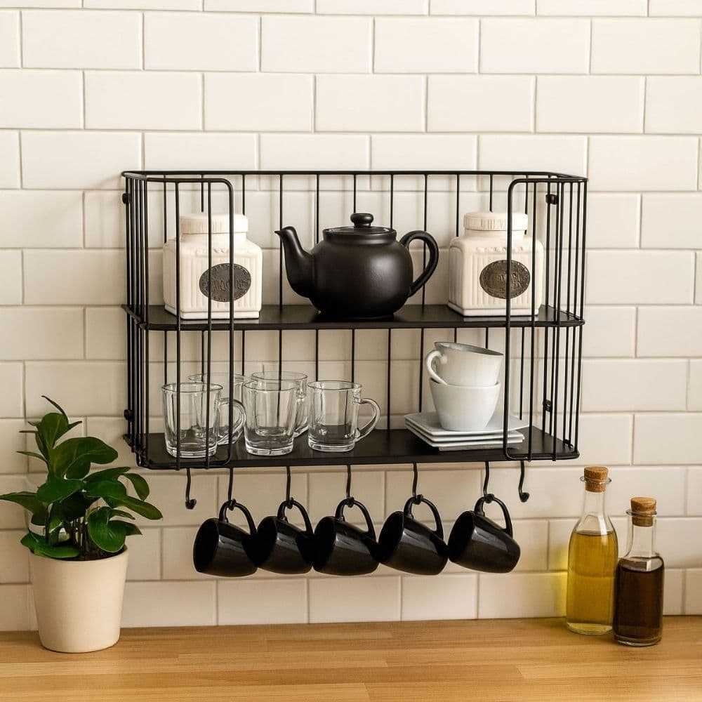 Prateleira de Parede em Ferro e Madeira – Estilo Industrial em Aço Aramado para Cozinha e Decoração