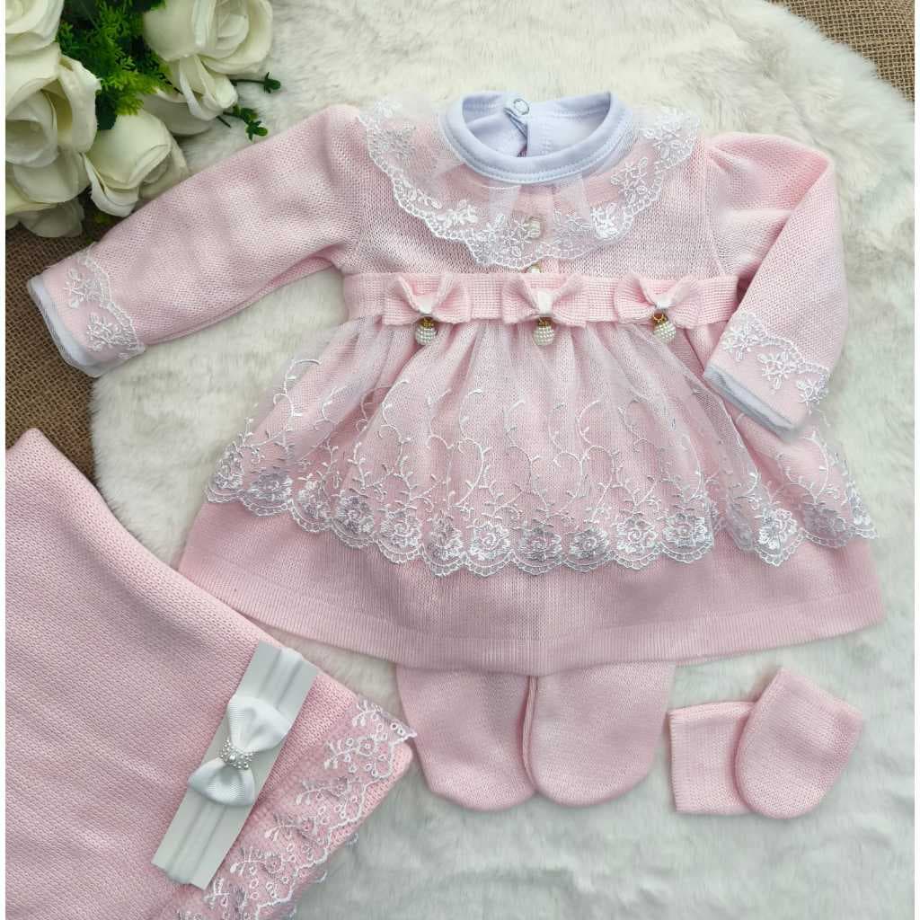 Kit Saída De Maternidade Tricô Bebê Menina Completo Luxo  Vestido Calça Manta Tiara Luvas Body