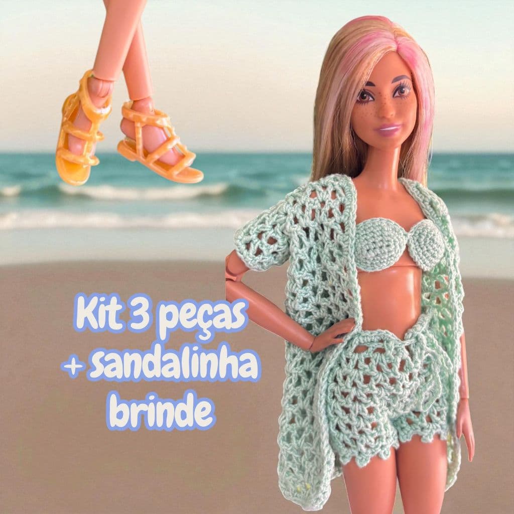 Roupinha crochê look Short top e saida de praia  roupinhas crochê para boneca 30cm roupinha para boneca