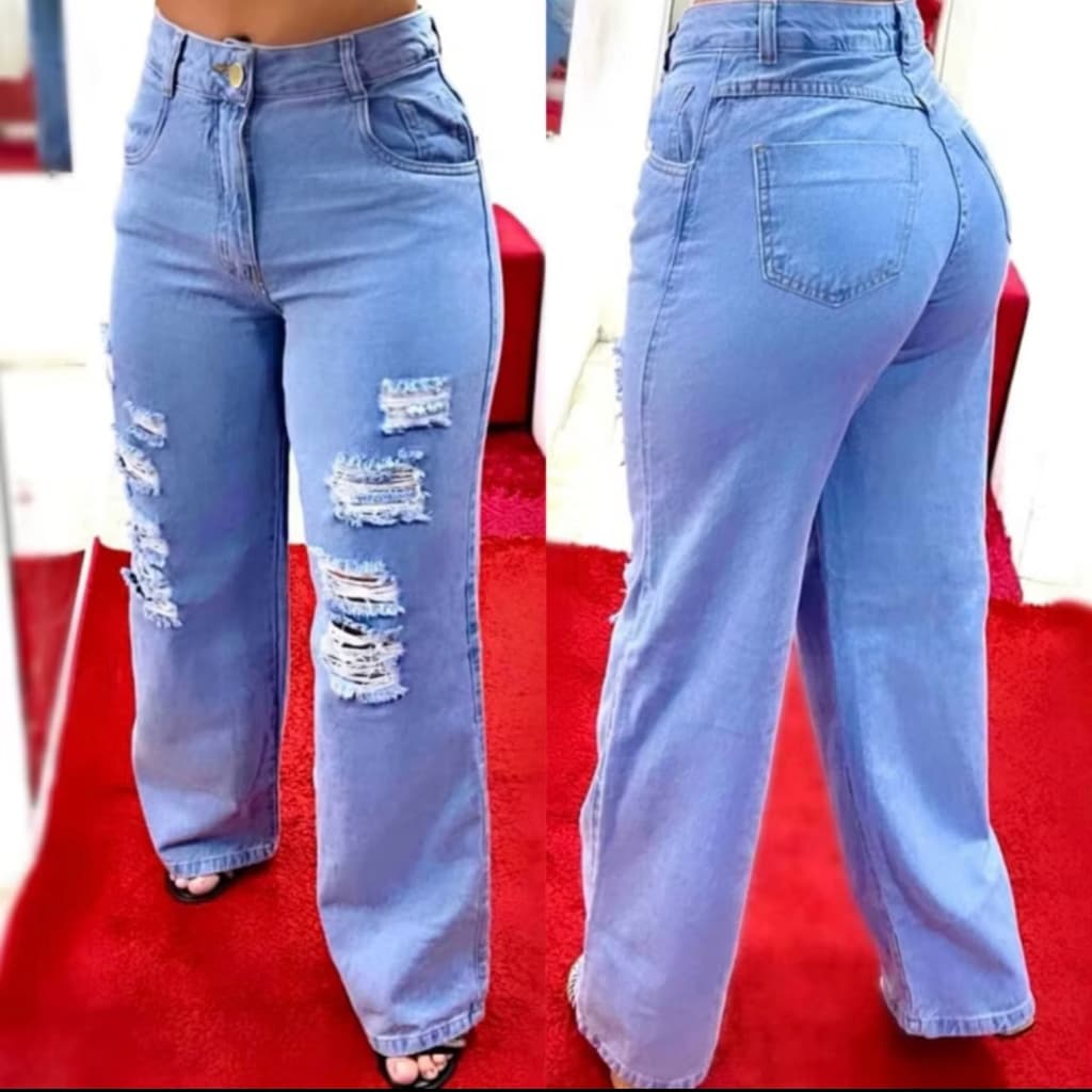 Calça WideLeg Jeans Feminina Pantalona Larguinha Modela Bumbum Cintura Alta Wid Leg Jeans BoyFriend