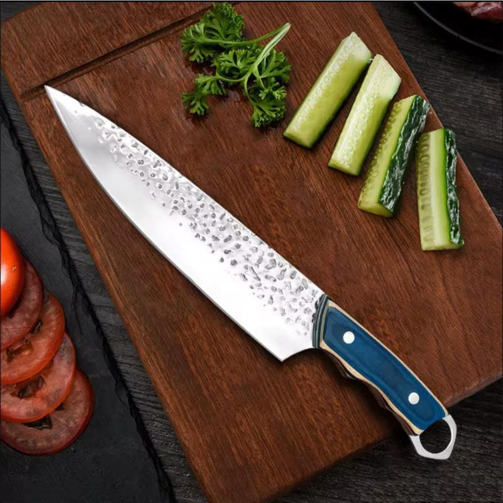 Faca de Churrasco Profissional, Cabo De Madeira na Cor Azul Lâmina em Aço Inox Resistente Com Bainha