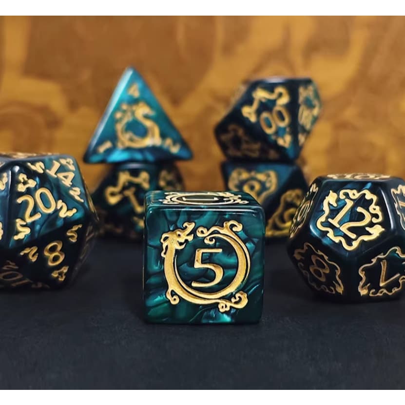 Conjunto De 7 Dados  desenhados Marmorizado De Dragão Para Ded Rpg necromante
