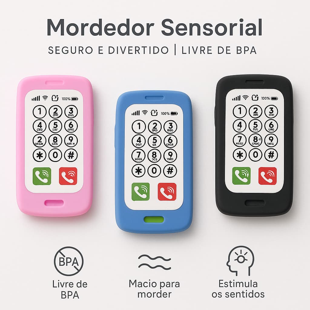 Mordedor Celular Smartphone para Bebê Vila Toy Macio Seguro Estímulo Sensorial Dentição Cores Sortidas BPA Free Atóxico