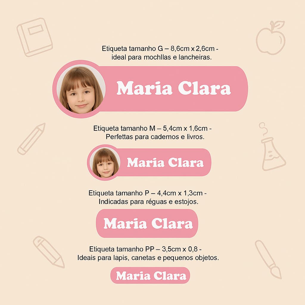 Kit Etiqueta + Tag de 90 /150 ou 200 Etiquetas Escolares com Foto da Criança para Material Escolar
