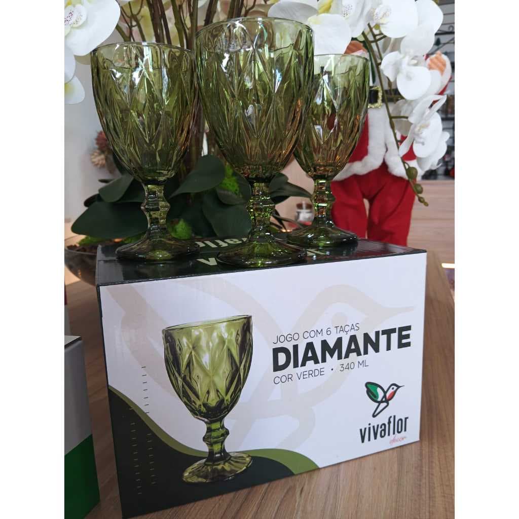 Jogo 6 taças da viva flor diamante modernas para água vinhos e sucos de 340 ml