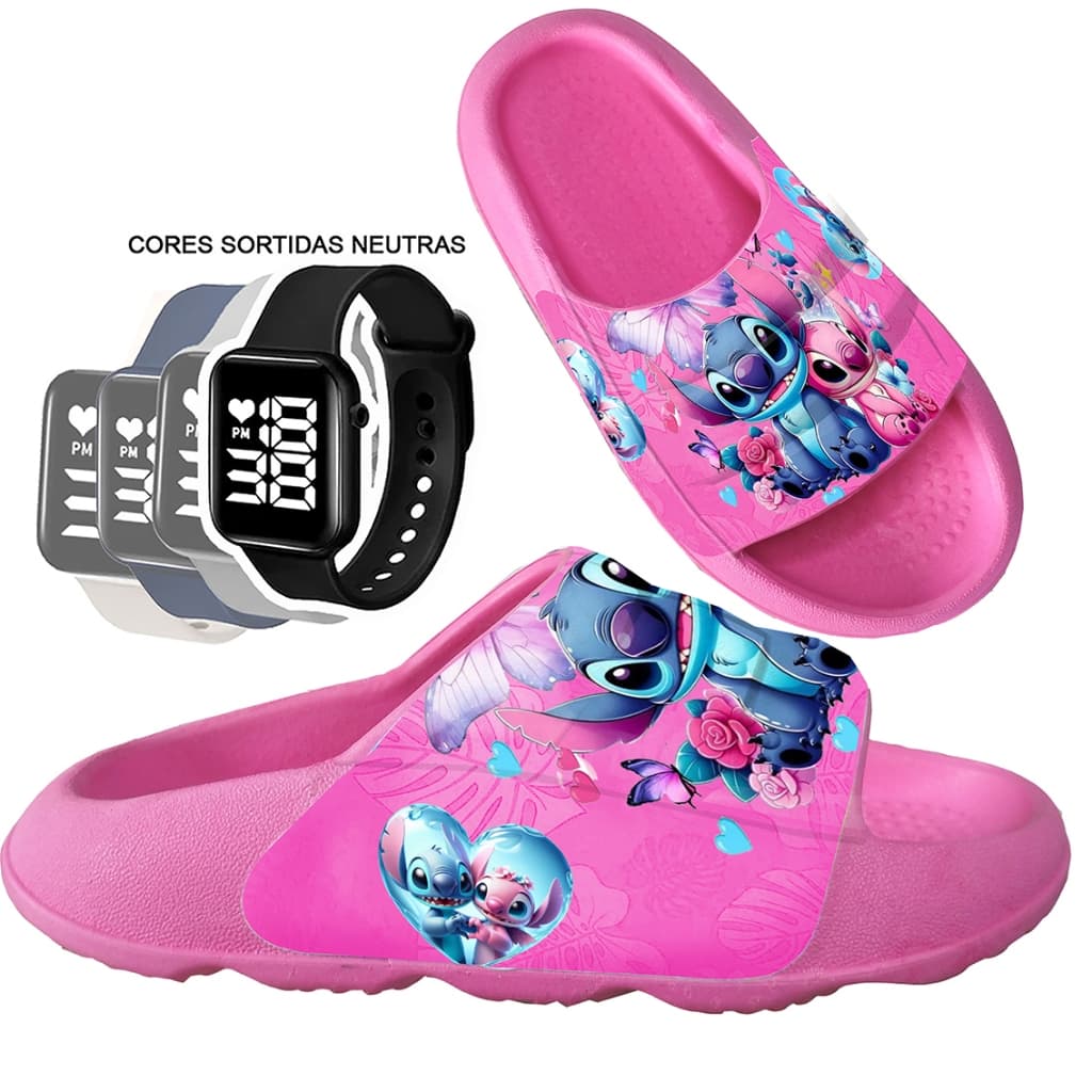 Kit Chinelo Pala Slide Nuvem Infantil Max Px Menina Desenhos confortável + Relógio cores sortidas