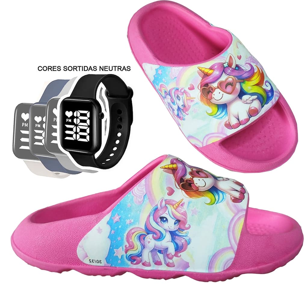 Combo Chinelo Pala Slide Nuvem Infantil Max Px Menina Desenhos confortável e + Relógio cores sortido