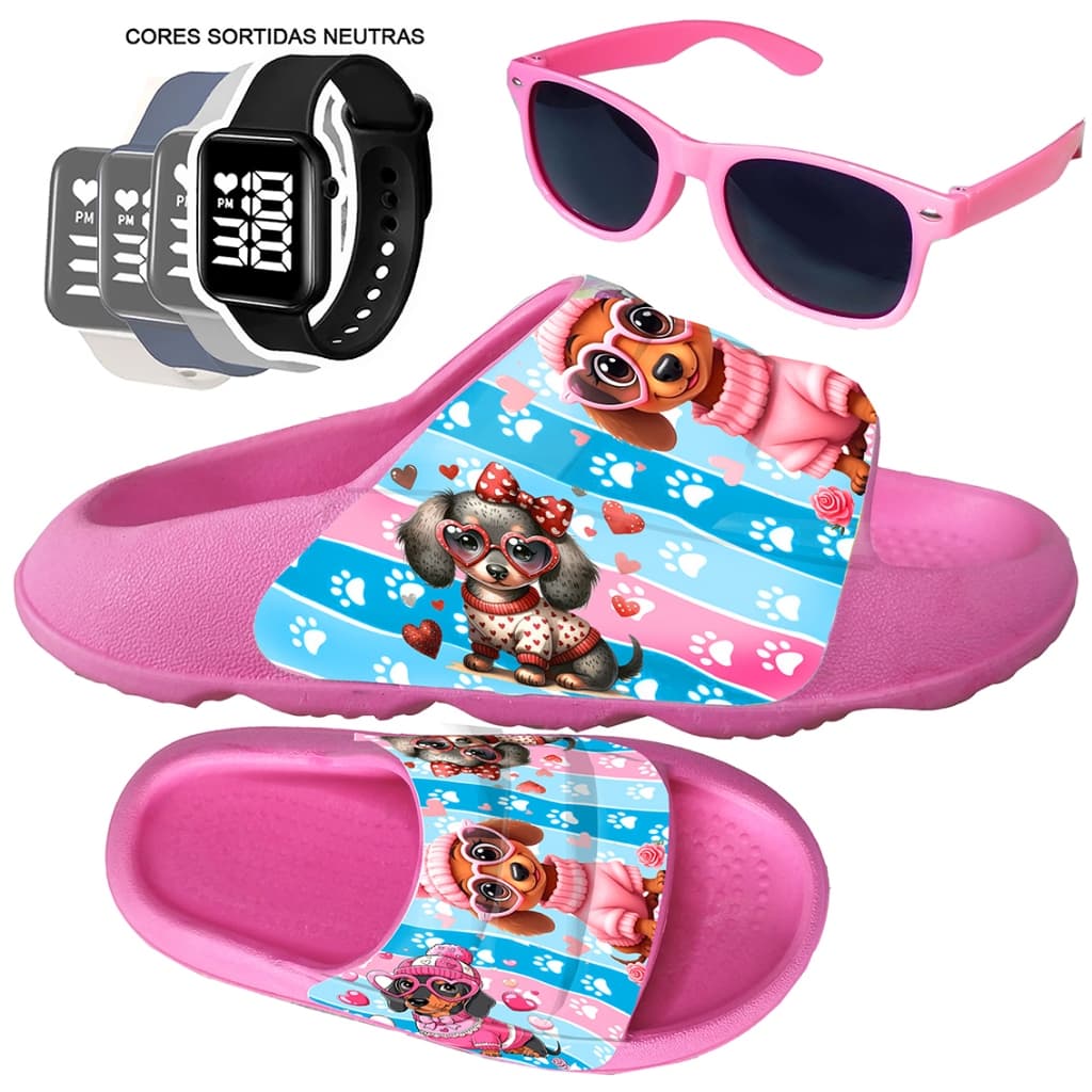 Combo Chinelo pala slide Nuvem Infantil Max Px Menina  leve  + Relógio sortidos + Óculos nao derrapa