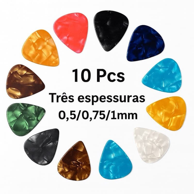 Kit Palhetas para Violão e Guitarra Sortidas – 10 Unidades • 0.5 / 0.75 / 1.0mm • Envio Rápido