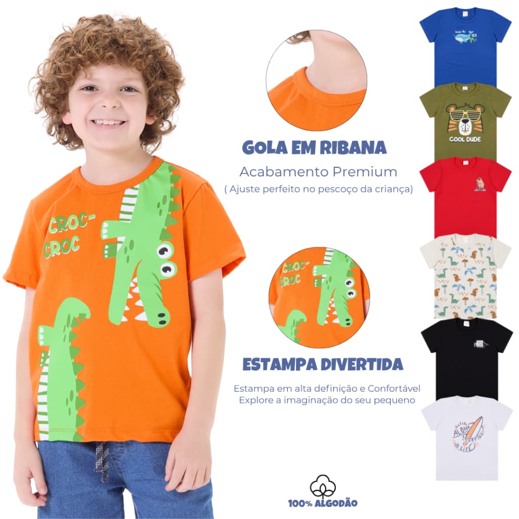 Kit 4 Camisetas Manga Curta Infantil Menino em Meia Malha Estampada 2 ao 8 anos