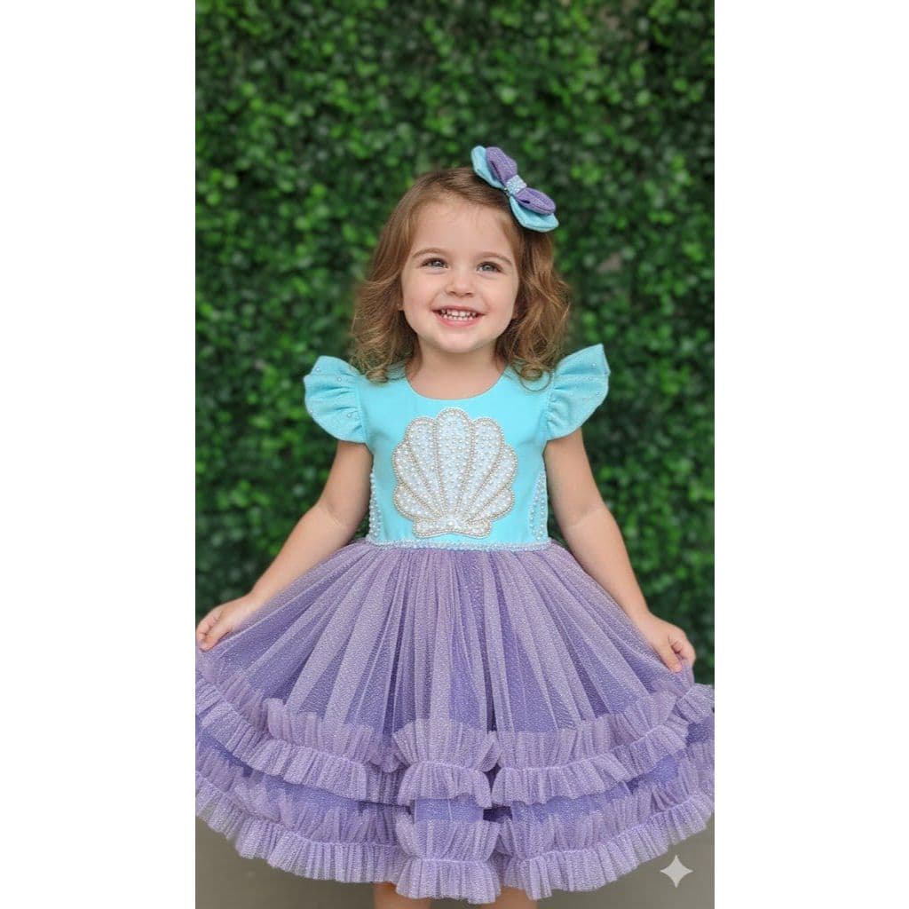 Vestido Infantil Temático Sereia Ariel Fundo do Mar com perolas criança feminina aniversario luxo