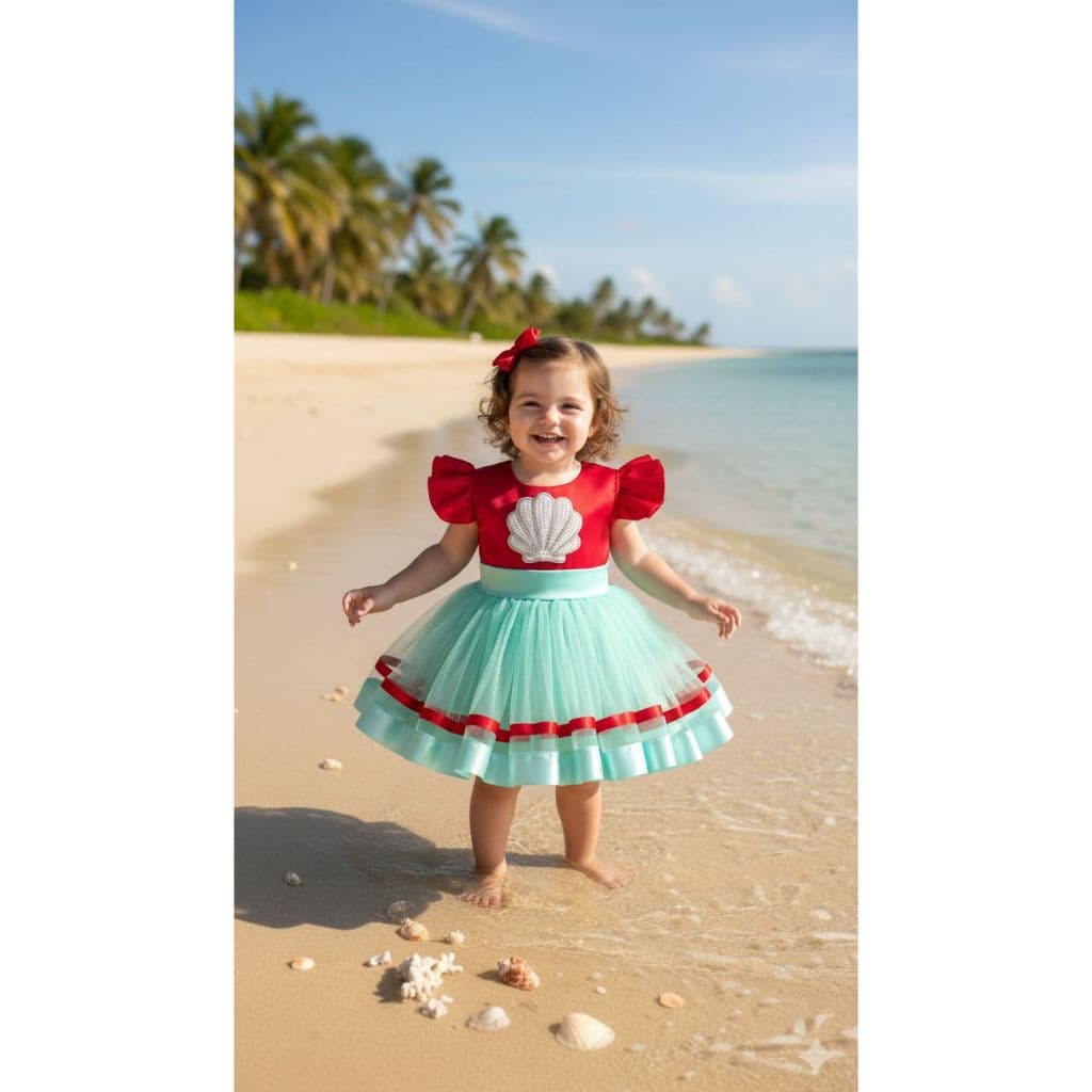 Vestido princesa pequena sereia fundo do mar com perolas festa de aniversario luxo promoção