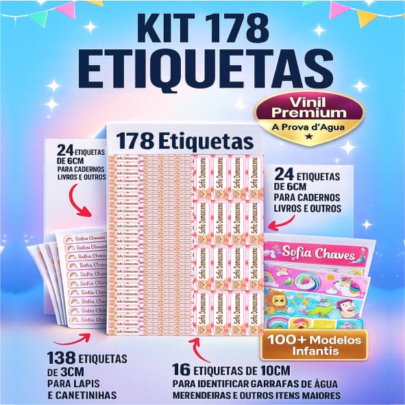 Kit 178 Etiquetas Escolares Personalizadas – Vinil Premium • À Prova d’Água • 100+ Modelos Infantis
