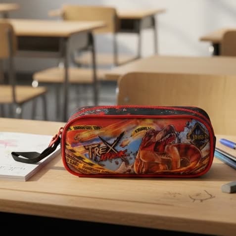 Estojo Escolar Dinossauro  Rex Design Resistente Preto Vermelho Infantil Adolescente