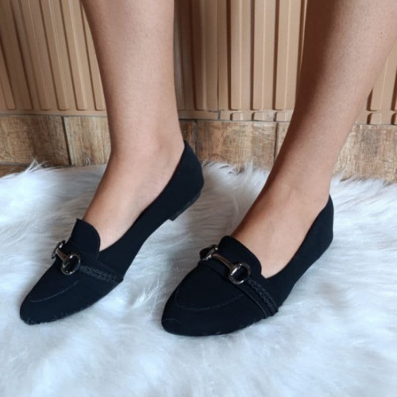 Mocassim  sapatilha bico  quadrado Preta Clássica casual conforto