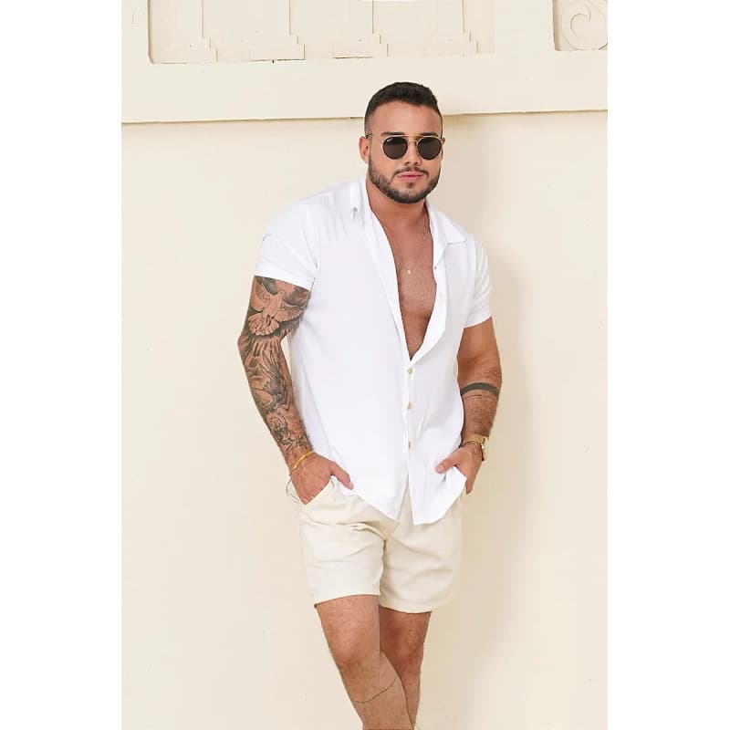 Camisa Masculino Linho Manga Curta Social Casual Slim Fit Verão Elegante