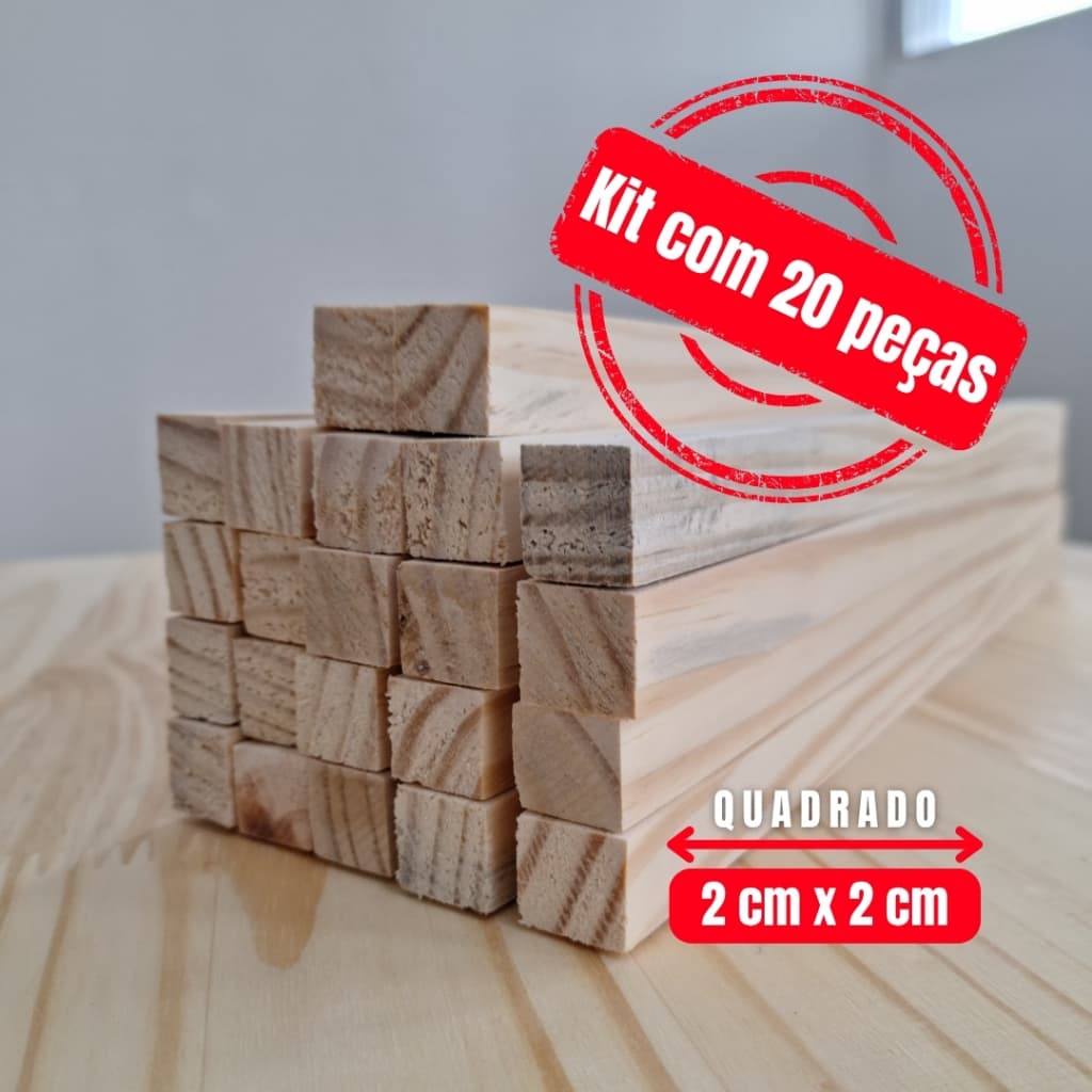 Ripa de Madeira para Artesanato Pinus 2cm x 2cm Kit com 20 Unidades Lixada Aplainada