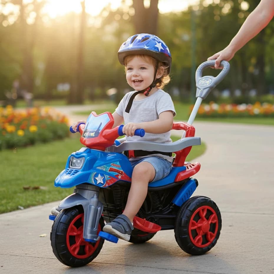 Triciclo Infantil Motinho carrinho com Pedal e Haste para empurrar  buzina rosa / azul spyder aranha com buzina