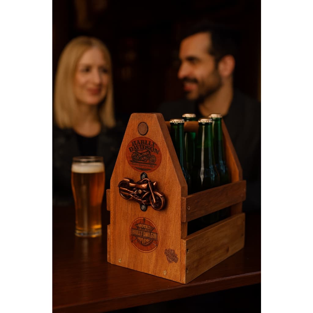 caixa de cerveja rustica de madeira artesanal com abridor moto