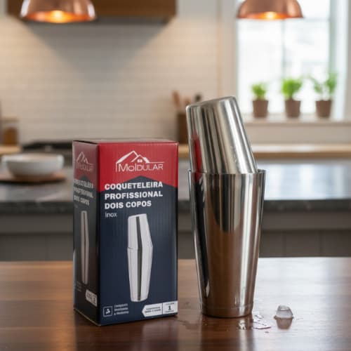 Coqueteleira Profissional em inox com 2 copos (540ml e 840ml) – MOLDULAR, Durável e Ideal para Drinks e Shakes