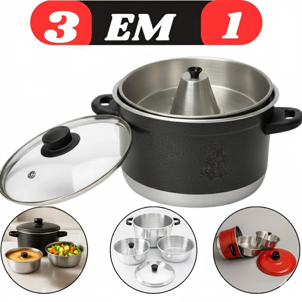 Panela 3 Em 1 MultiUso Tampa de Vidro Forma Pudim Banho Maria cuscuzeira Cozimento Vapor Legumes 3x1