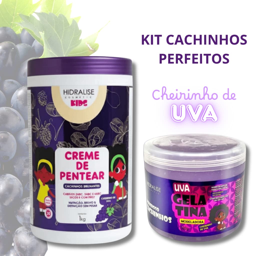 Creme de Pentear 1kg Uva + Gelatina Ativadora de Cachos Uva 500g Hidralise + Pente Fitagem