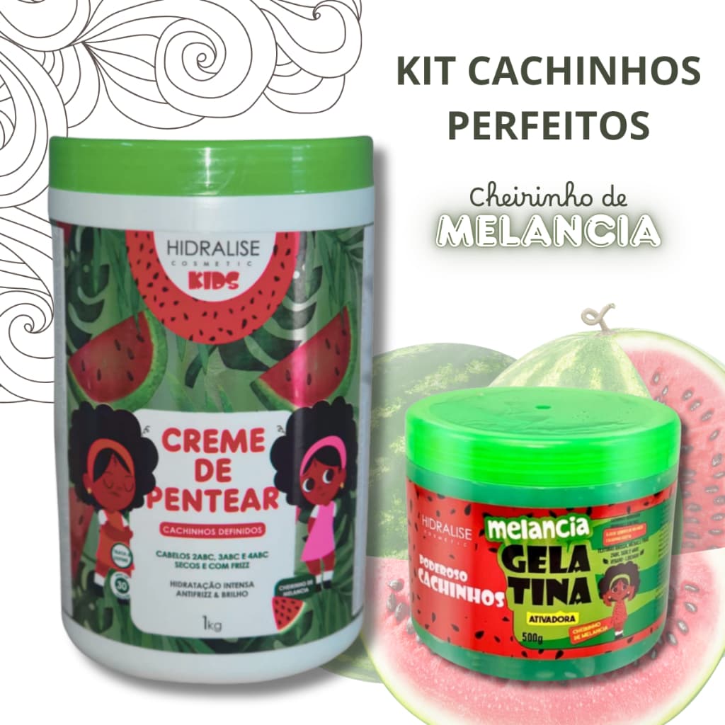 Creme de Pentear Infantil Melancia 1kg + Gelatina Ativadora de cachos 500g + Pente Fitagem Hidralise