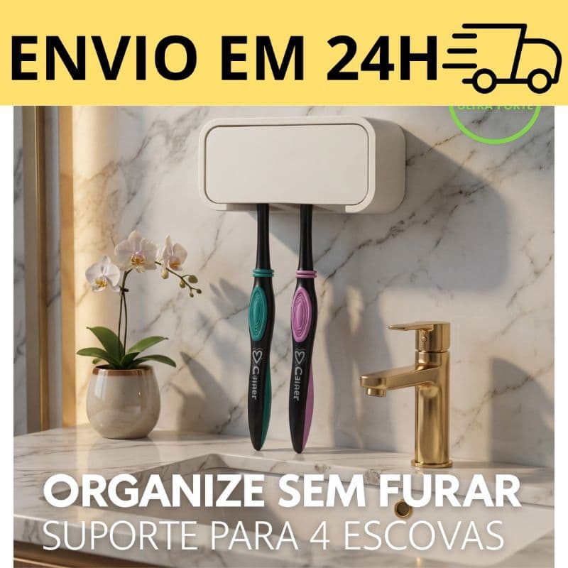 Porta Escovas de Dente Parede – Fixação Sem Furo – Suporte Para 4 Escovas + Fita Dupla Face ForteP1
