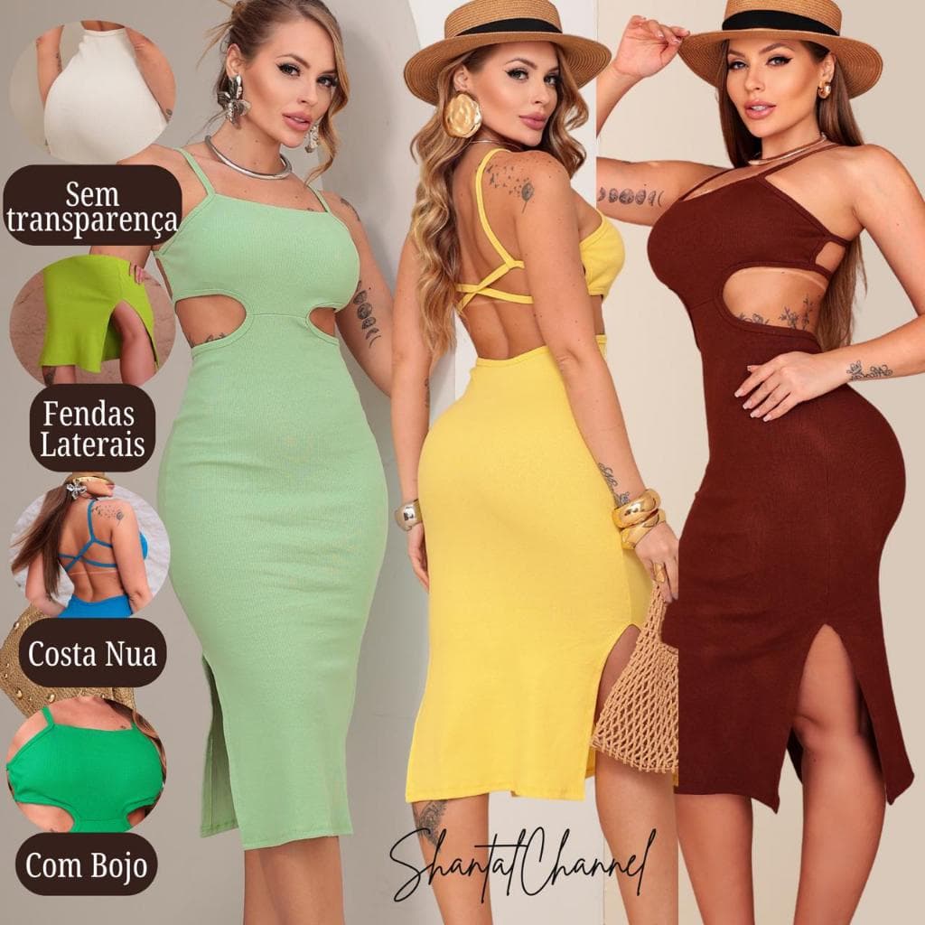 Vestido Costa Nua Alça fina Mídi Feminino com Bojo Tendência PROMOÇÃO VERAO