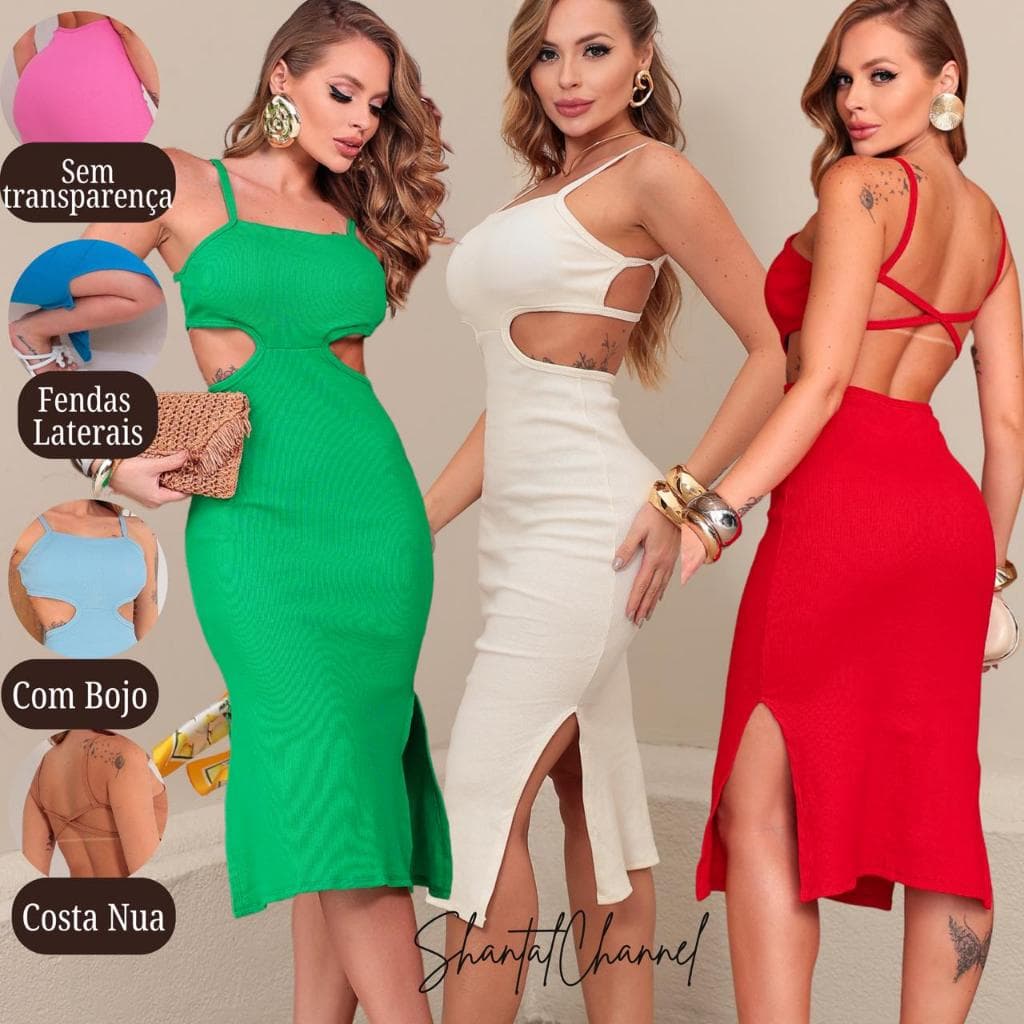 Vestido Feminino  Alça Fina Costa Nua Com Bojo Fendas Envio Imediato Tendência Verão