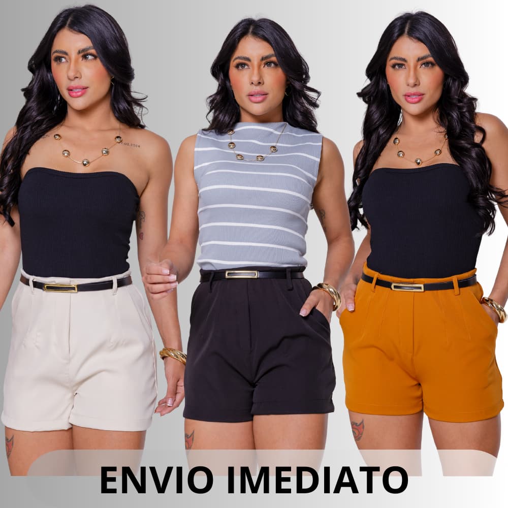 Short Feminino Alfaiataria Social com Cinto Cintura Alta Estiloso Casual Chick Moda Blogueira