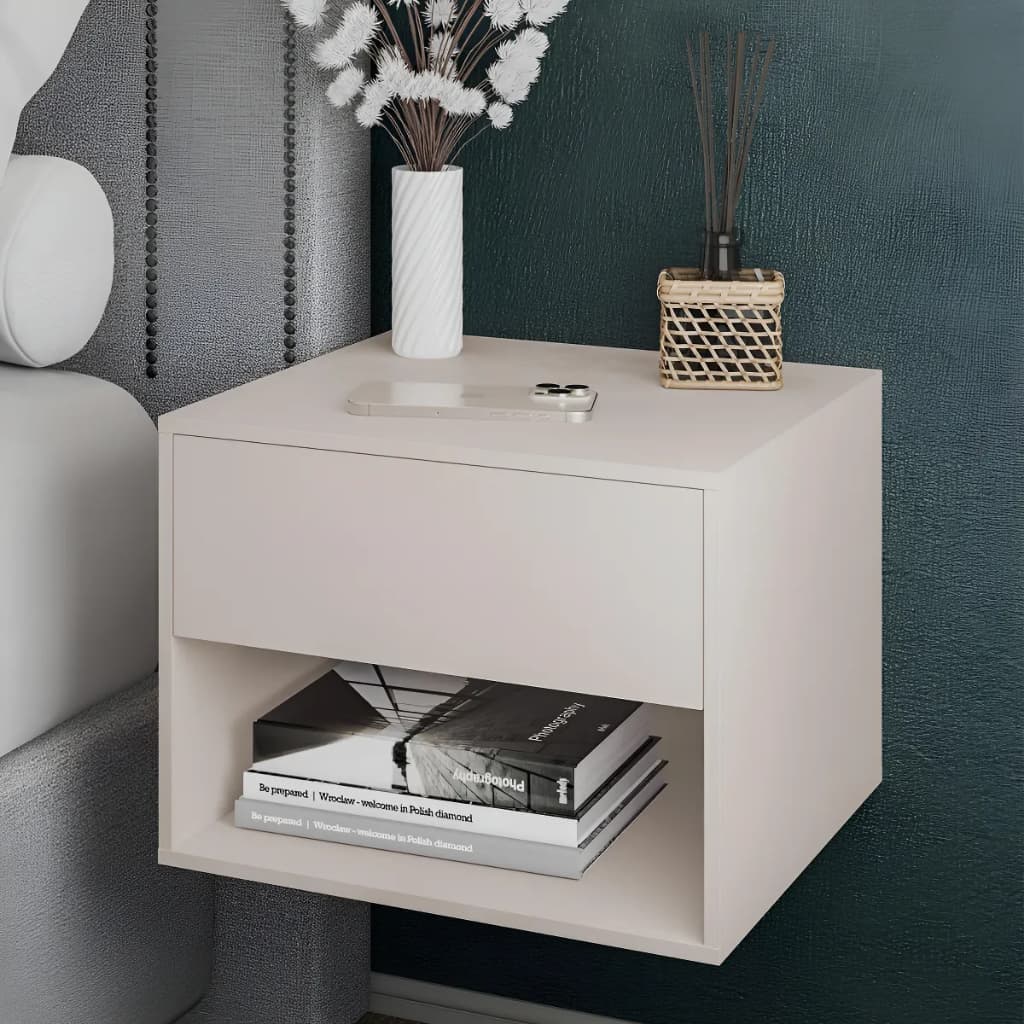 Mesa De Cabeceira Suspensa Fixa Parede Com Gaveta E Nicho Acabamento Brilhante Cinza Off White Preto