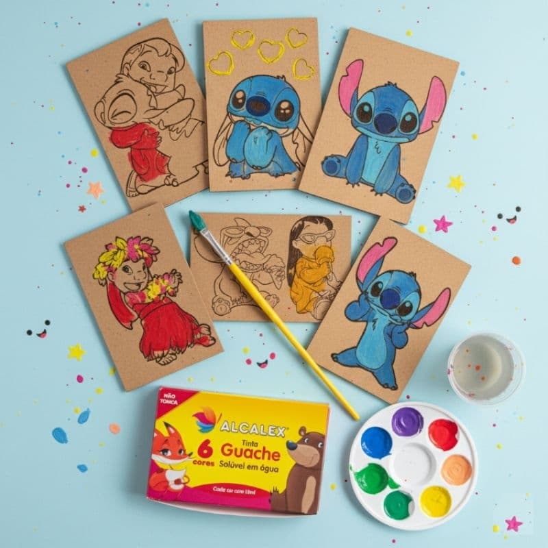 Kit de Pintura Stitch Colorir Madeira com Tintas 6 Desenhos Infantil