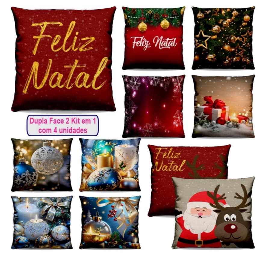 Capa de Almofada Natal Festiva – papai noel, rena, sofá, arvore de natal, vela, presente, estrela