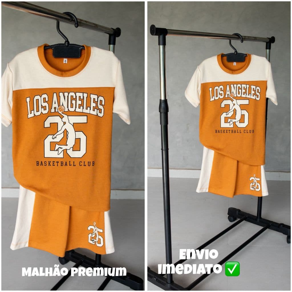 Conjunto Infantil Menino Basquete Malhão Premium Fresco Confortável Los Angeles 25 Uso Diário