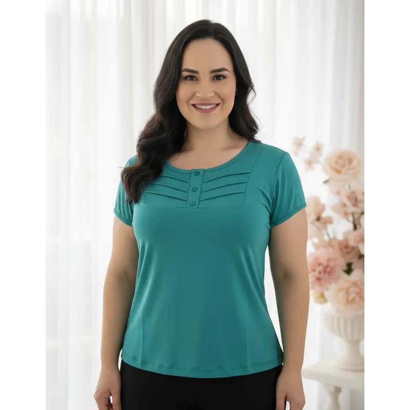 Blusa Feminina plus size casual, Camiseta manga curta com botão gola redonda malha fresquinha Verão