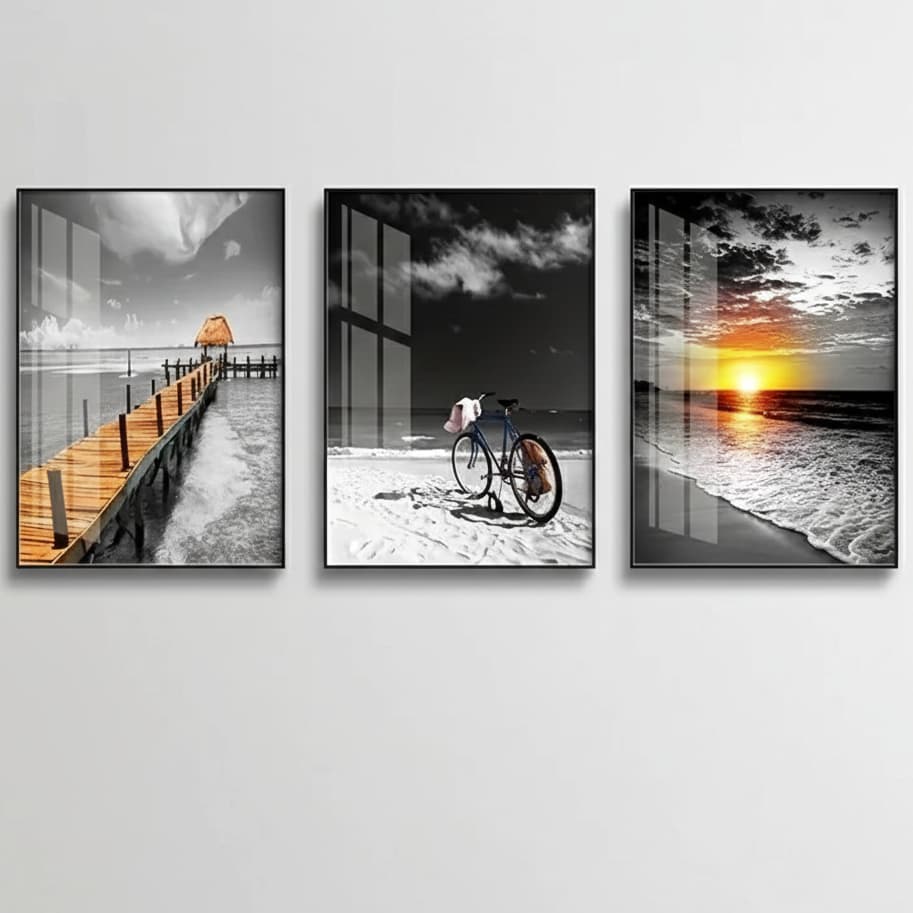 Quadro decorativo preto e branco Paisagem, imagens modernas para quarto sala de estar casa (3 peças)
